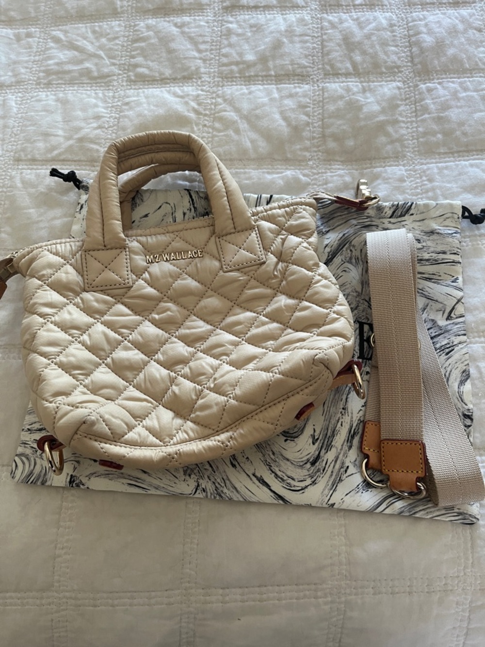 MZ WALLACE Cream Quilted Mini Convertible Tote with Beige Strap